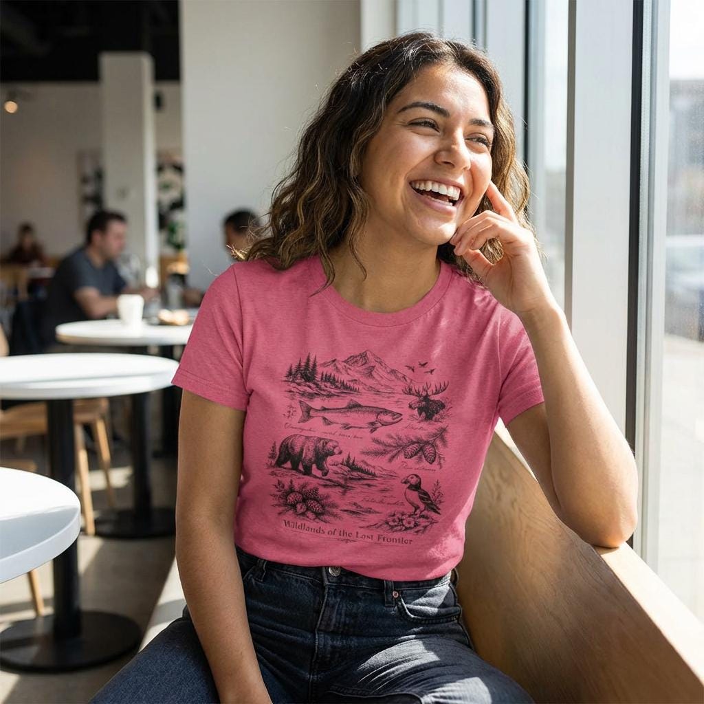 Wilderness Wildlife Illustration Tee | Bear, Salmon, Moose, Mountain Shirt