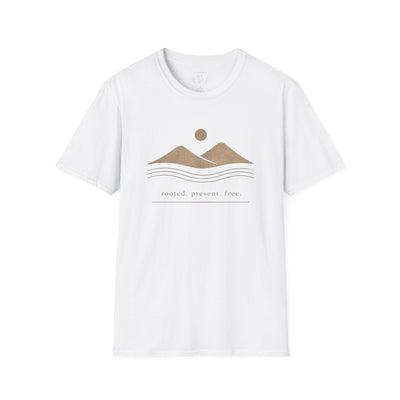 Minimalist Mountains T-Shirt, grounded. present. free. Nature Graphic Tee, product photo, nature-inspired graphic tee by Evernorth Design