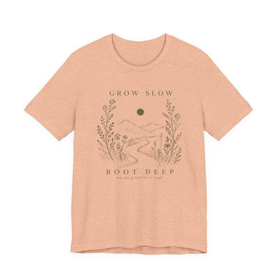 Grow Slow Root Deep tee, botanical mountain illustration, product photo, botanical graphic tee by Evernorth Design