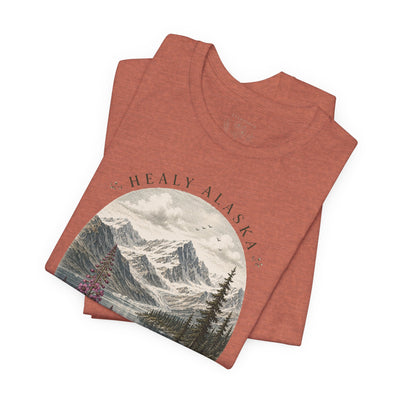 Soft nature t-shirt printed with an oval Alaska scene of snowy peaks, a still lake and fireweed by Evernorth — view 18