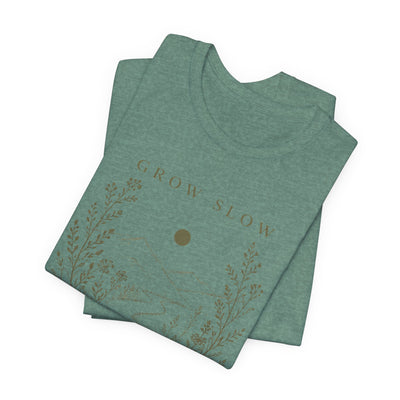 Grow Slow Root Deep tee, botanical mountain illustration, product photo, botanical graphic tee by Evernorth Design