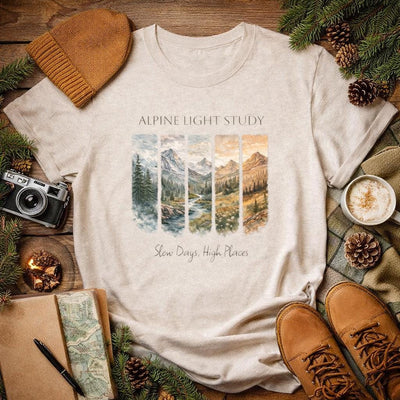 Alpine Light Study T-Shirt, Mountain Landscape Graphic Tee, product photo, nature-inspired graphic tee by Evernorth Design