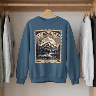 National Park Stamp Crewneck Sweatshirt, Vintage Mountain Sweatshirt, product photo, nature-inspired graphic tee by Evernorth Design