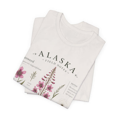 Botanical t-shirt with a delicate Alaska fireweed and wildflower illustration in muted pinks and greens by Evernorth — view 19