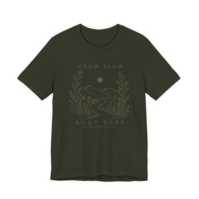 Grow Slow Root Deep tee, botanical mountain illustration, product photo, botanical graphic tee by Evernorth Design