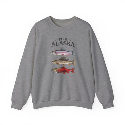 Fish Alaska Crewneck Sweatshirt, Salmon, Trout, Rockfish, product photo, Alaska-inspired and nature-inspired Alaska graphic tee by Evernorth Design