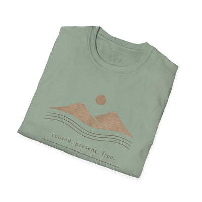 Minimalist Mountains T-Shirt, grounded. present. free. Nature Graphic Tee, product photo, nature-inspired graphic tee by Evernorth Design