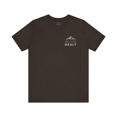 Soft jersey t-shirt with a detailed Healy Alaska mountain and spruce illustration in earthy tones by Evernorth — view 11
