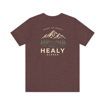 Soft jersey t-shirt with a detailed Healy Alaska mountain and spruce illustration in earthy tones by Evernorth — view 14