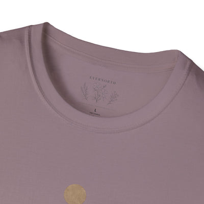 Minimalist Mountains T-Shirt, grounded. present. free. Nature Graphic Tee, product photo, nature-inspired graphic tee by Evernorth Design