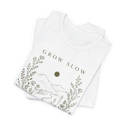 Grow Slow Root Deep tee, botanical mountain illustration, product photo, botanical graphic tee by Evernorth Design