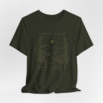 Grow Slow Root Deep tee, botanical mountain illustration, product photo, botanical graphic tee by Evernorth Design