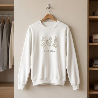 Northern Bloom Crewneck, Alaska Wildflowers Sweatshirt, product photo, Alaska-inspired and nature-inspired Alaska graphic tee by Evernorth Design