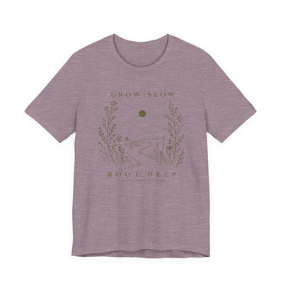 Grow Slow Root Deep tee, botanical mountain illustration, product photo, botanical graphic tee by Evernorth Design