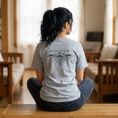 Rooted in Alaska T Shirt, Minimalist Mountain Tee, product photo, Alaska-inspired and nature-inspired Alaska graphic tee by Evernorth Design