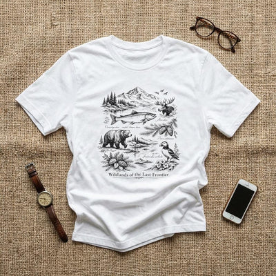 Wilderness Wildlife Illustration Tee, Bear, Salmon, Moose, Mountain Shirt, product photo by Evernorth Design