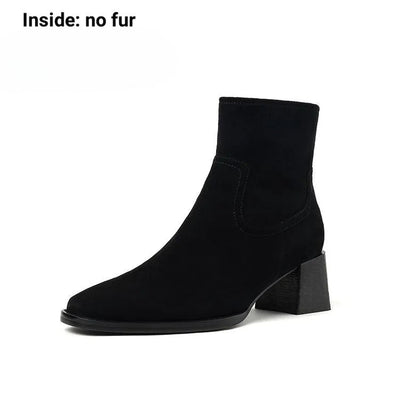 Womens Suede Ankle Booties with Block Heel, product photo, elevated everyday women’s footwear by Evernorth Design