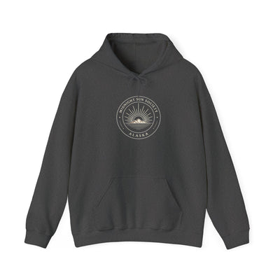 Alaska Midnight Sun Society Sweatshirt, Retro Mountain Emblem Shirt, product photo by Evernorth Design