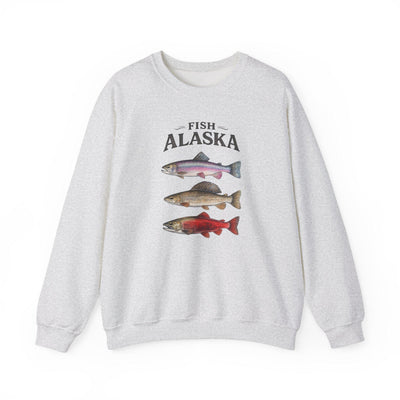 Fish Alaska Crewneck Sweatshirt, Salmon, Trout, Rockfish, product photo, Alaska-inspired and nature-inspired Alaska graphic tee by Evernorth Design