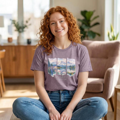 Alaska watercolor landscape tee, Landscape Shirt, product photo, Alaska-inspired and nature-inspired Alaska graphic tee by Evernorth Design