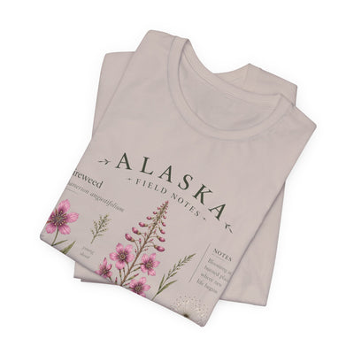 Botanical t-shirt with a delicate Alaska fireweed and wildflower illustration in muted pinks and greens by Evernorth — view 15