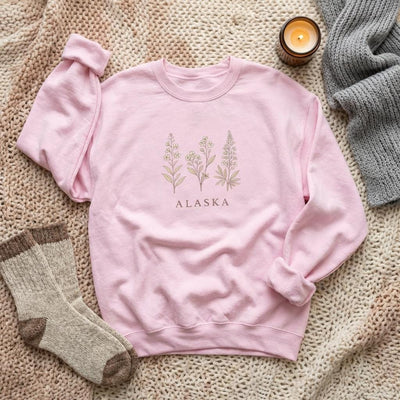 Northern Bloom Crewneck, Alaska Wildflowers Sweatshirt, product photo, Alaska-inspired and nature-inspired Alaska graphic tee by Evernorth Design