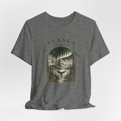 Graphic t-shirt with a vintage Alaska aurora scene of glowing peaks, a whale tail and soaring eagle by Evernorth — view 26