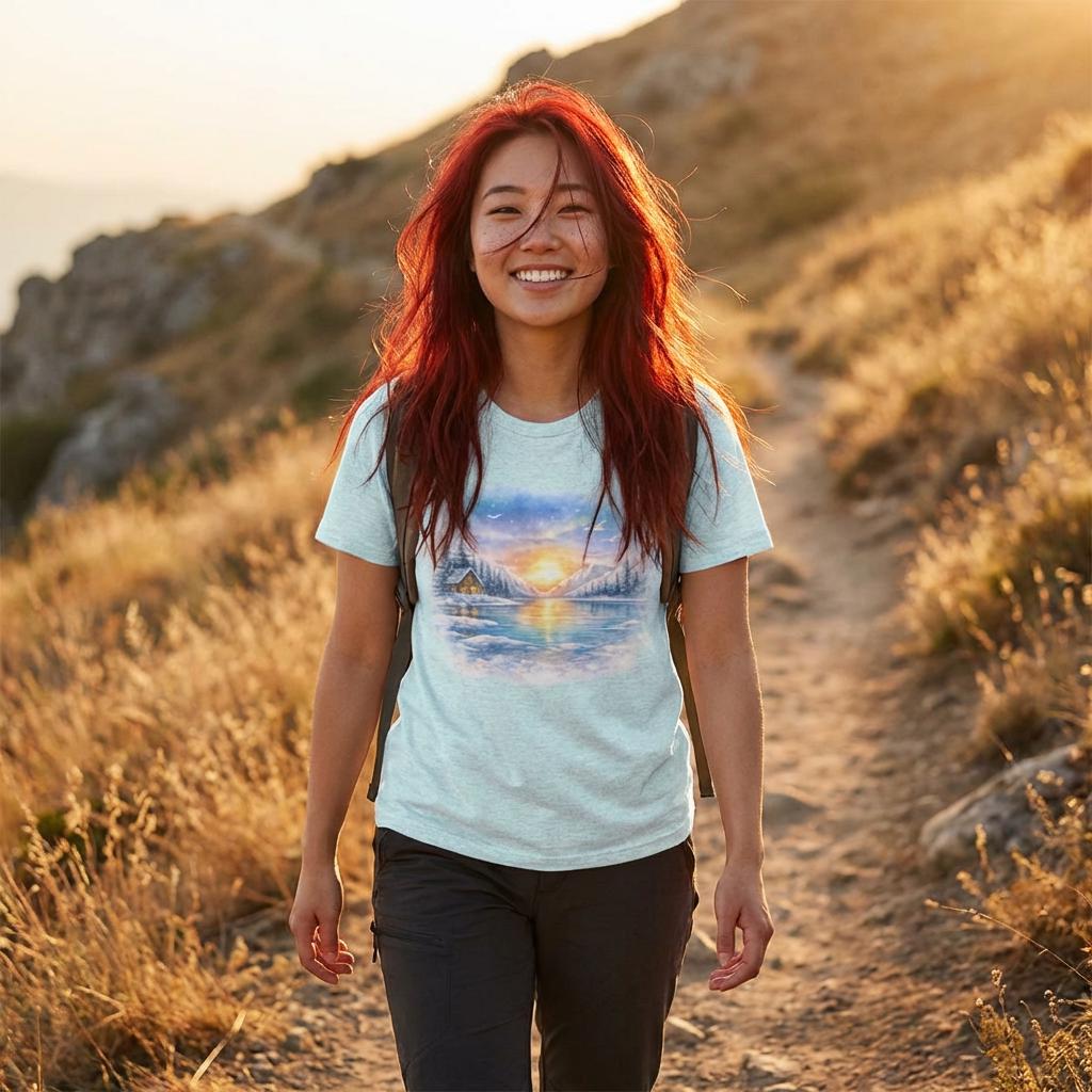 Midnight Sun Landscape Tee, Watercolor Mountain Cabin, main product photo, Alaska-inspired and nature-inspired Alaska graphic tee by Evernorth Design