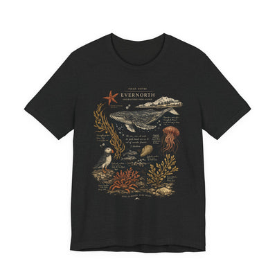 Ocean Wildlife Illustration Tee, Vintage Whale & Sea Creatures Graphic Shirt, product photo, nature-inspired coastal graphic tee by Evernorth Design