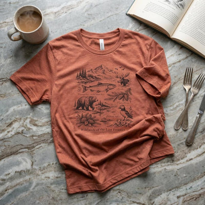 Wilderness Wildlife Illustration Tee, Bear, Salmon, Moose, Mountain Shirt, product photo by Evernorth Design