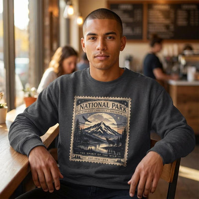 National Park Stamp Crewneck Sweatshirt, Vintage Mountain Sweatshirt, product photo, nature-inspired graphic tee by Evernorth Design