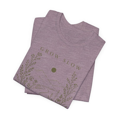 Grow Slow Root Deep tee, botanical mountain illustration, product photo, botanical graphic tee by Evernorth Design