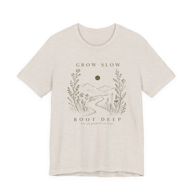 Grow Slow Root Deep tee, botanical mountain illustration, product photo, botanical graphic tee by Evernorth Design