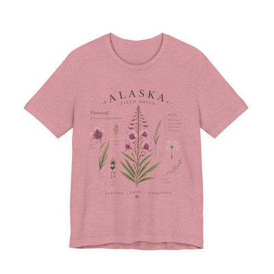 Botanical t-shirt with a delicate Alaska fireweed and wildflower illustration in muted pinks and greens by Evernorth — close-up