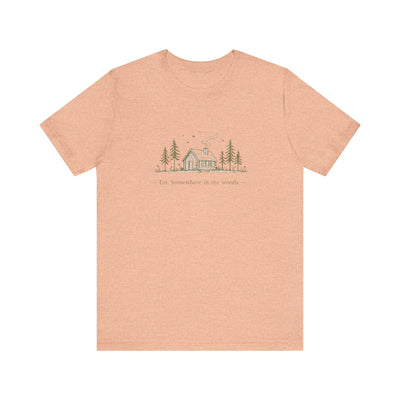 Cabin in Pines illustration Tee, Cozy Woodland Scenic Shirt, product photo, elevated everyday graphic tee by Evernorth Design