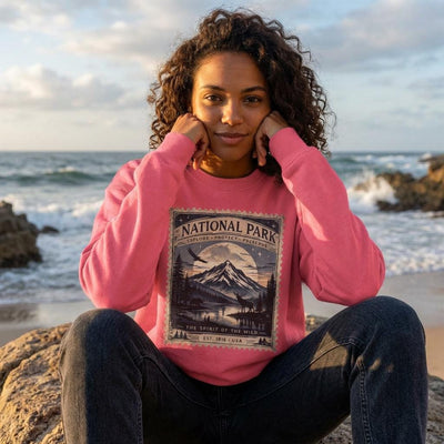National Park Stamp Crewneck Sweatshirt, Vintage Mountain Sweatshirt, product photo, nature-inspired graphic tee by Evernorth Design