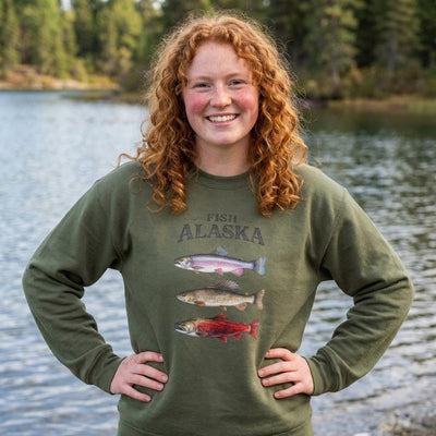 Fish Alaska Crewneck Sweatshirt, Salmon, Trout, Rockfish, product photo, Alaska-inspired and nature-inspired Alaska graphic tee by Evernorth Design