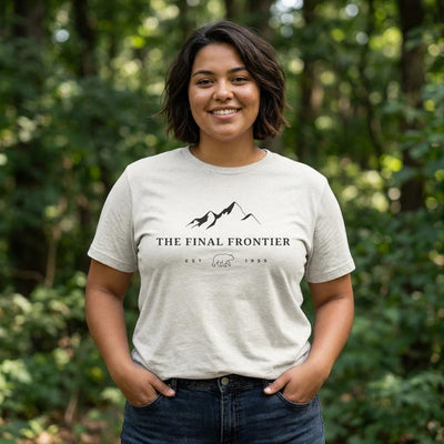 The Final Frontier, Mountain graphic, product photo, Alaska-inspired and nature-inspired Alaska graphic tee by Evernorth Design