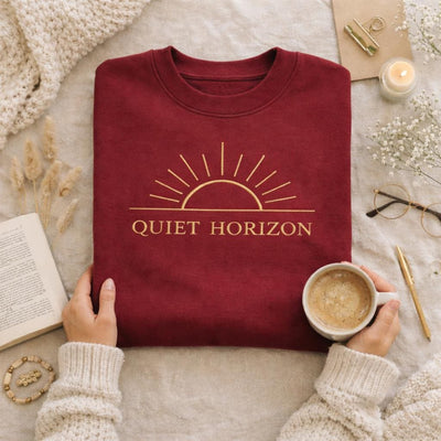 Quiet Horizon, Embroidered Crewneck, product photo, elevated everyday graphic tee by Evernorth Design