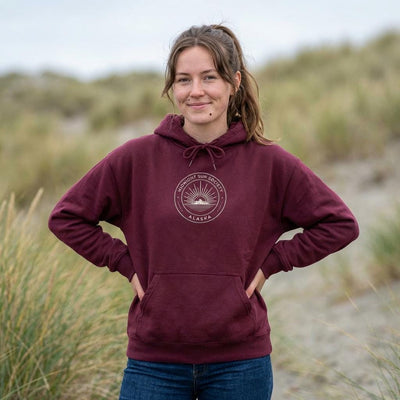 Alaska Midnight Sun Society Sweatshirt, Retro Mountain Emblem Shirt, product photo by Evernorth Design