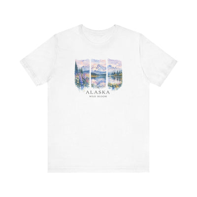 Alaska watercolor landscape tee, Landscape Shirt, product photo, Alaska-inspired and nature-inspired Alaska graphic tee by Evernorth Design