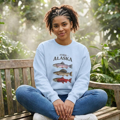 Fish Alaska Crewneck Sweatshirt, Salmon, Trout, Rockfish, product photo, Alaska-inspired and nature-inspired Alaska graphic tee by Evernorth Design