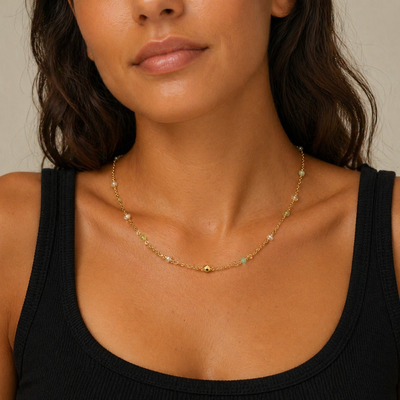 Golden Hour Beaded Chain Necklace, styled product mockup, elevated everyday minimal jewelry by Evernorth Design
