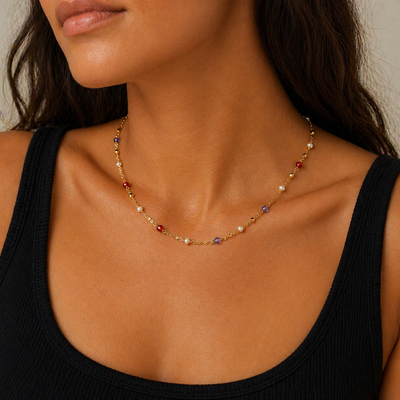 Golden Hour Beaded Chain Necklace, styled product mockup, elevated everyday minimal jewelry by Evernorth Design