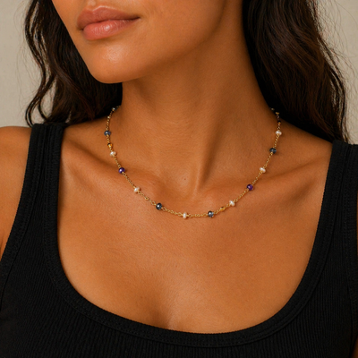 Golden Hour Beaded Chain Necklace, styled product mockup, elevated everyday minimal jewelry by Evernorth Design