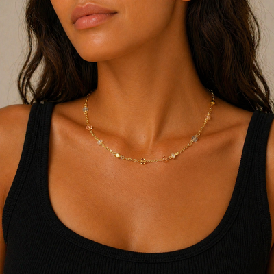Golden Hour Beaded Chain Necklace, styled product mockup, elevated everyday minimal jewelry by Evernorth Design