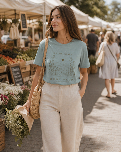 Grow Slow Root Deep tee, botanical mountain illustration, styled product mockup, botanical graphic tee by Evernorth Design