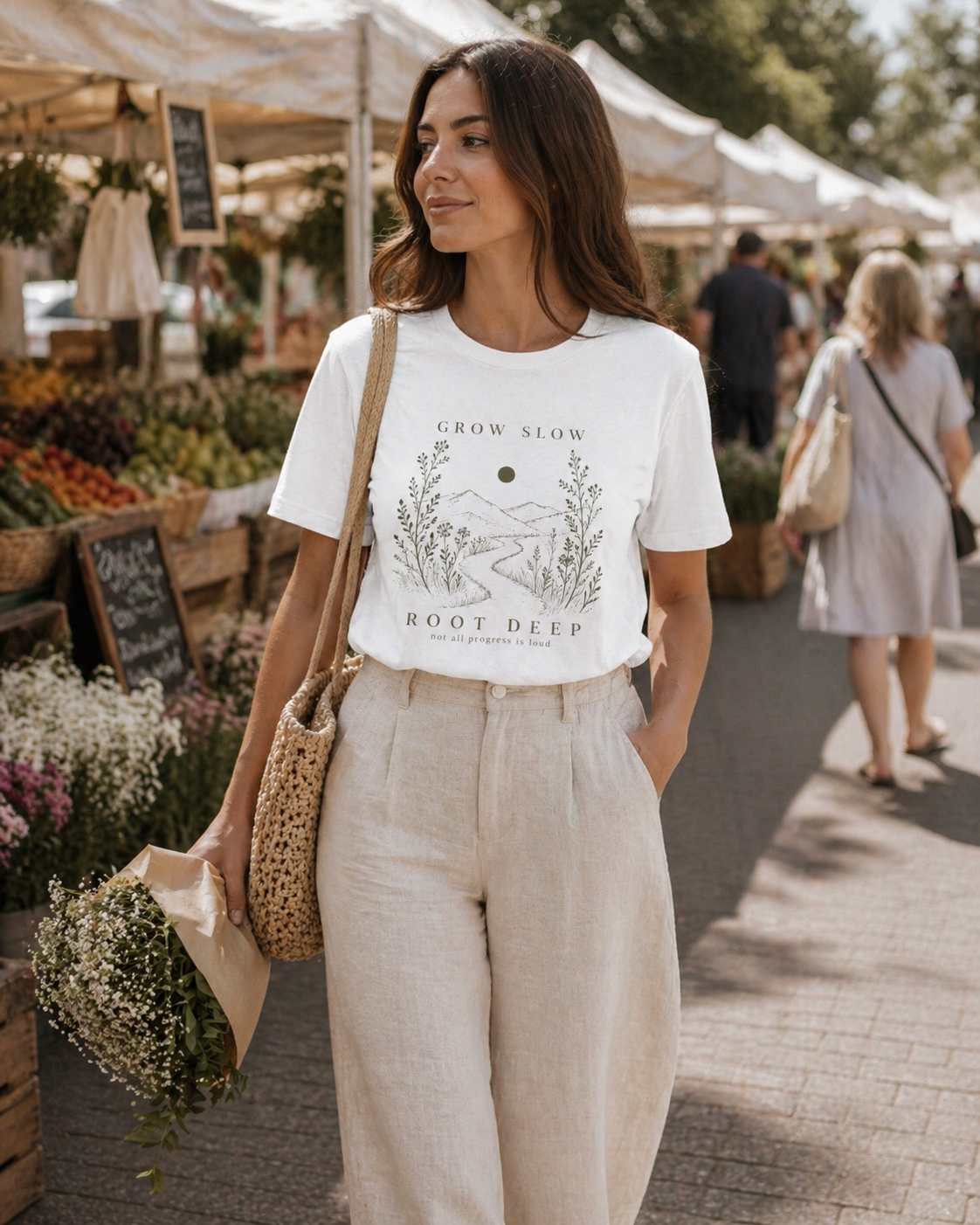 Grow Slow Root Deep tee, botanical mountain illustration, styled product mockup, botanical graphic tee by Evernorth Design