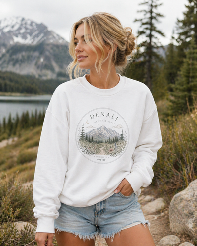 Denali Mountain Crewneck Sweatshirt, Scenic National Park Graphic, styled product mockup by Evernorth Design