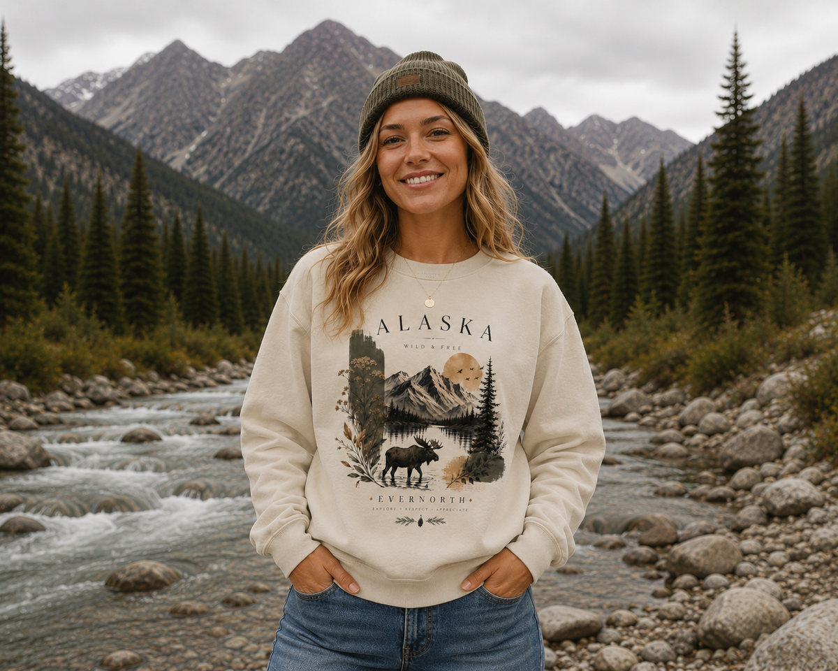 Alaska Wilderness Crewneck Sweatshirt — Moose & Mountain Scenic Pullover
